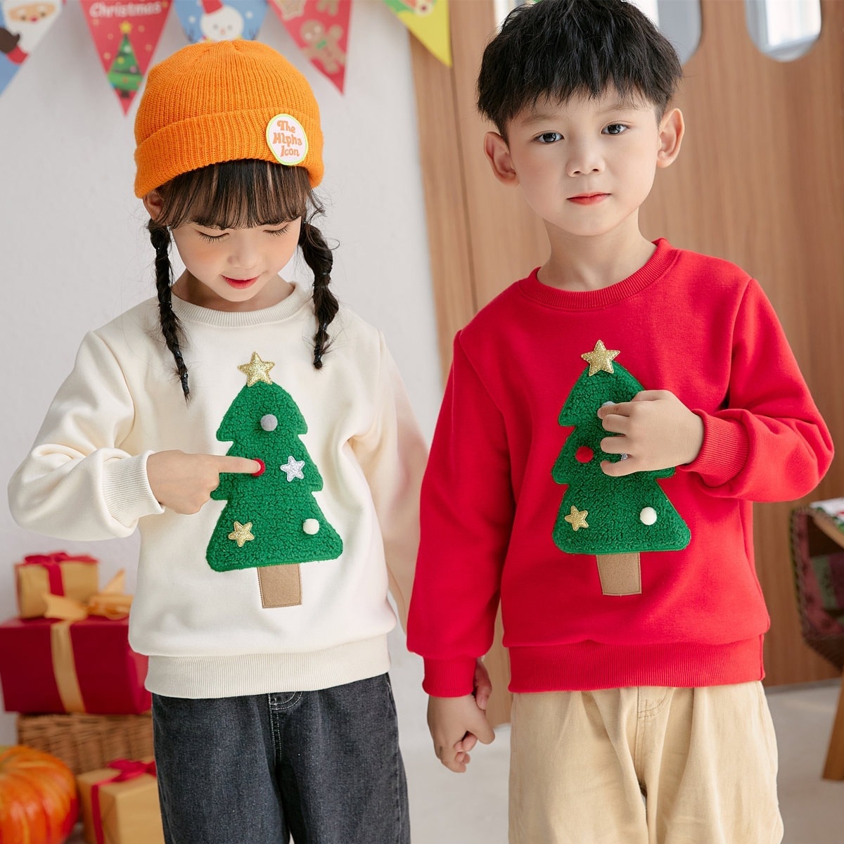 新作クリスマス親子衣装プラスベルベットスウェットシャツクリスマスツリーかわいい子供服欧米国境越えカップル衣装ベルベット綿