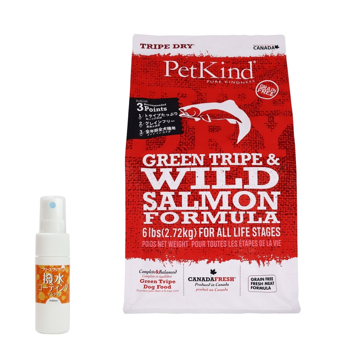 トライプドライ ドッグフード グリーントライプ＆ワイルドサーモン 2.72kg【撥水コーティングインドア(水回り用) 20ml付き】
