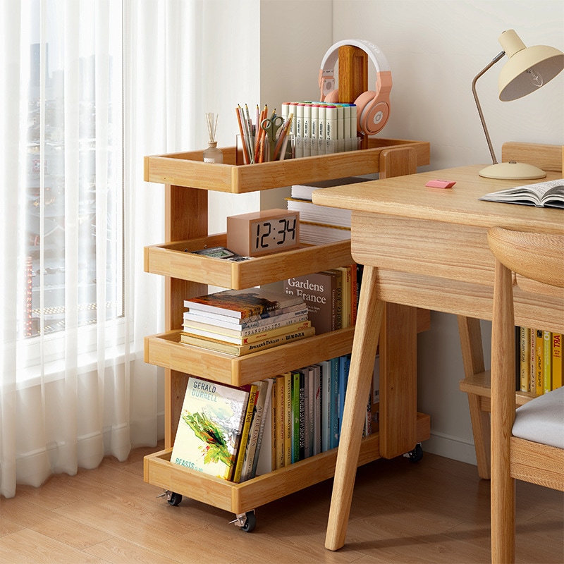 ソリッドウッドデスク本棚床床ストレージラックトロリーホイール付き家庭用本棚多層収納ラック 16,006円