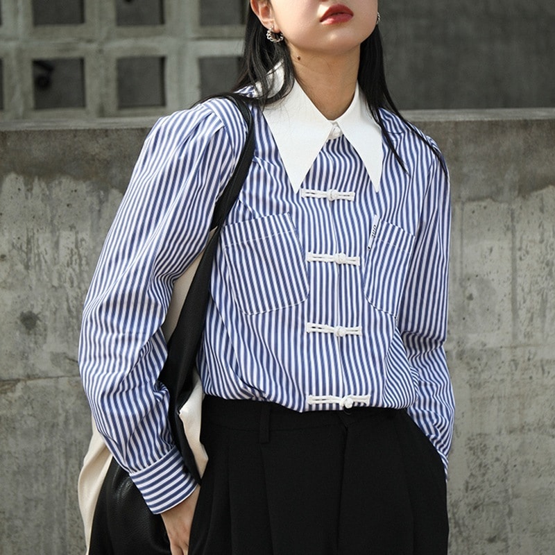 チャイナ風シャツ ストライプシャツ レディース 長袖 オフィス トップス チャイナボタン ブルー 5,545円