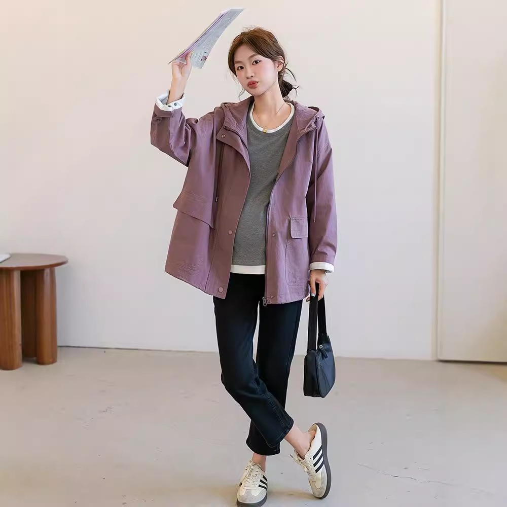 秋冬妊婦服ファッション韓国版帽子付き妊婦風衣コートゆるい洋気紫色の短いゆるいコート