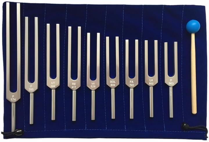 クリスタルチューナー 音叉 ヒーリング 瞑想 ヨガ ベース付き(ゴールド, 9本セット)