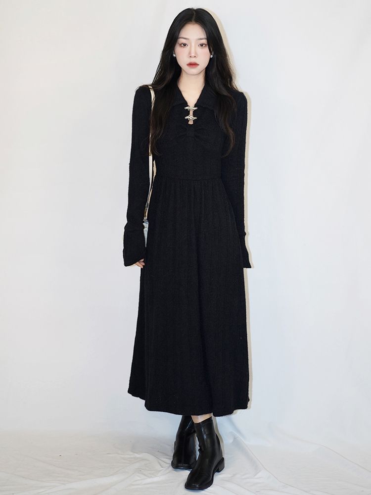 ニットワンピース ニット ワンピース ロングスカート セーター着 Vネック A型 ロング丈　長袖 カットソー ウエストライン
