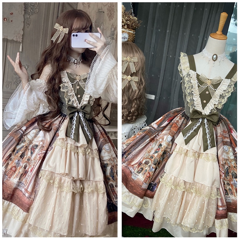 [3日出荷]ベルサイユ Lolita吊りスカート 長袖コスチューム 宮廷 コスプレ jskワンピース cla油絵