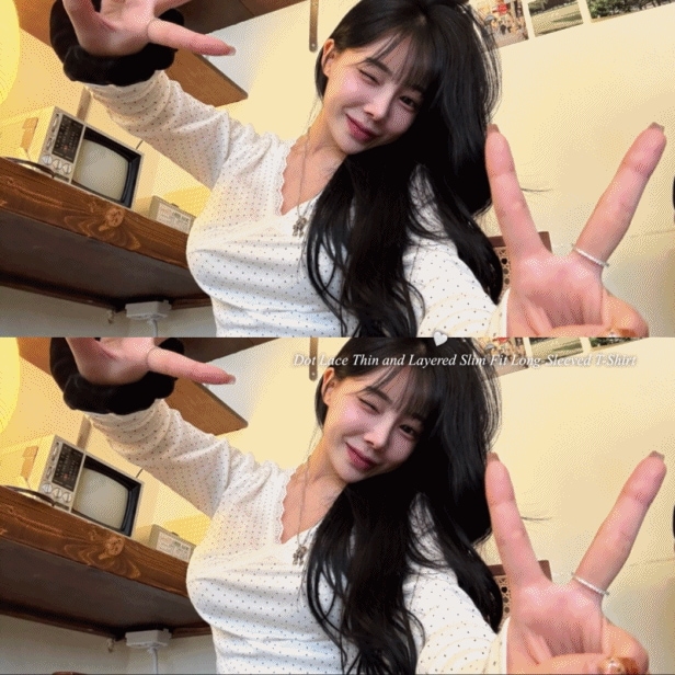 [ドットpoint] リリー ドット レース か弱い 長袖 ブイネック レイヤード ラブリー ユニーク Tシャツ