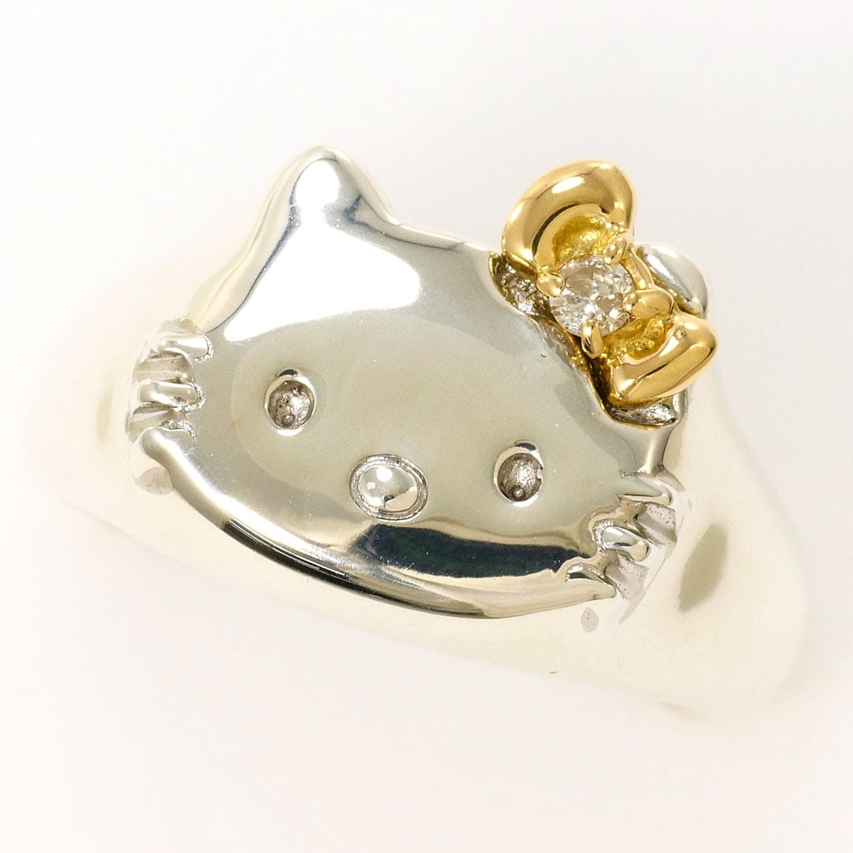 ハローキティサンリオ K18 18金 YG イエローゴールド シルバー リング・指輪 9.5号 ダイヤモンド 0.03ct 総重量約7.5g 中古