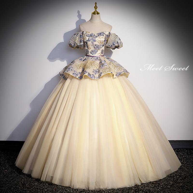 カラードレス 編み上げ シャンパン 花柄 ステージドレス ロングドレス 結婚式 二次会 発表会 演奏会 ウェディングドレス ウエディングドレス プリンセスドレス イブニングドレス コンサート コンクー