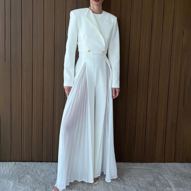 パンツスーツ セットアップ 2点 上下セット レディース ワイドパンツ ジャケット 個性なデザイン ズボン透け感 Aライン シルエット ママ スーツ 白 パーティー 発表会 演奏会 卒園式 卒業式 お