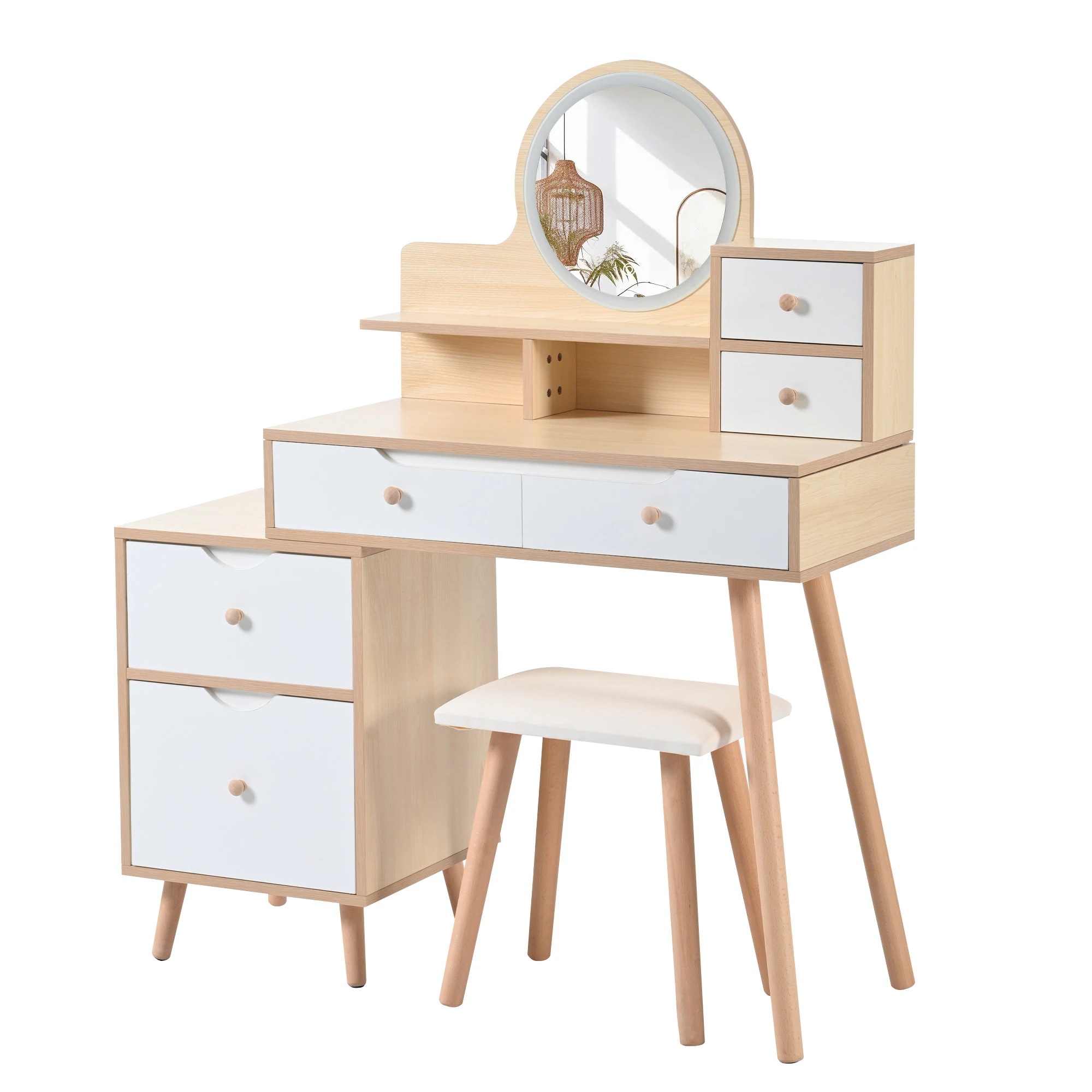 【大好評！最安値挑戦!】ドレッサー化粧台 テーブル 鏡台 LEDライト付き スツール付き 引き出し 収納 サイド収納 メイク台 シンプル 大容量 可愛いGG5209 Natural Solid Woo