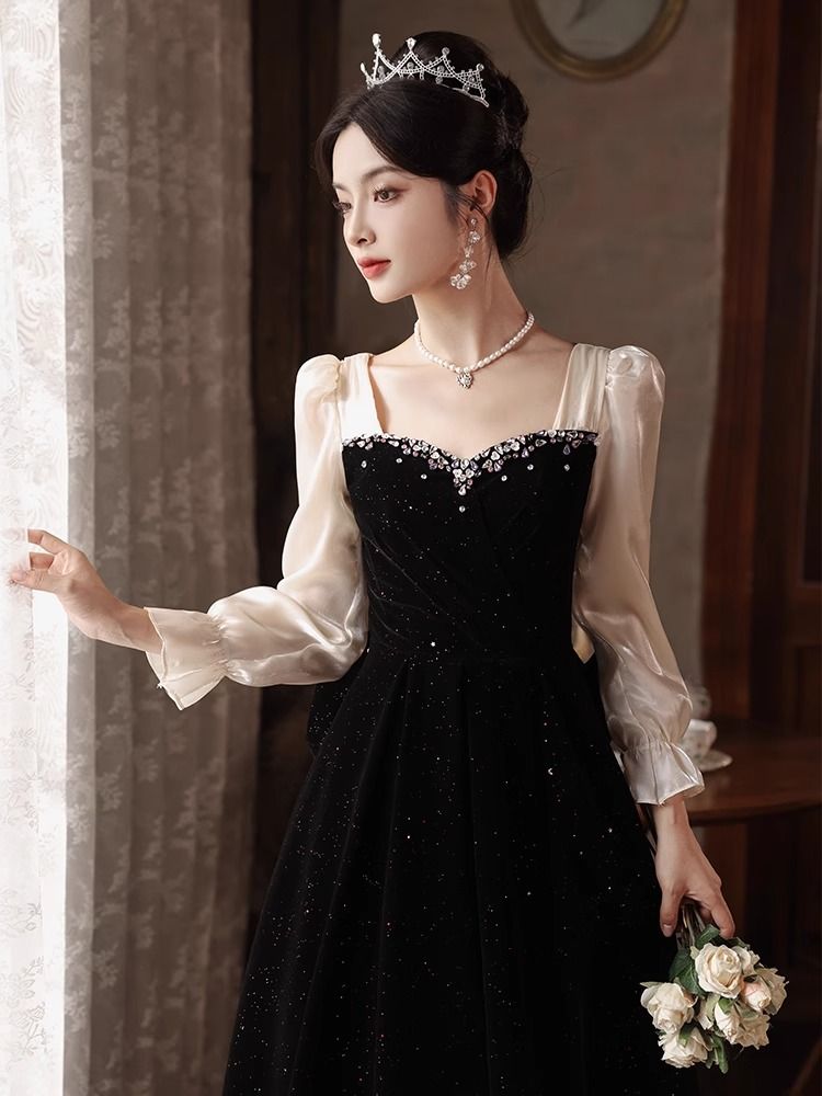 パーティードレス 結婚式 パーティードレス ロングドレ ワンピース 二次会 パーティドレス 優しい風ブラックローズドレスエレガントガウンワンピース ドレス