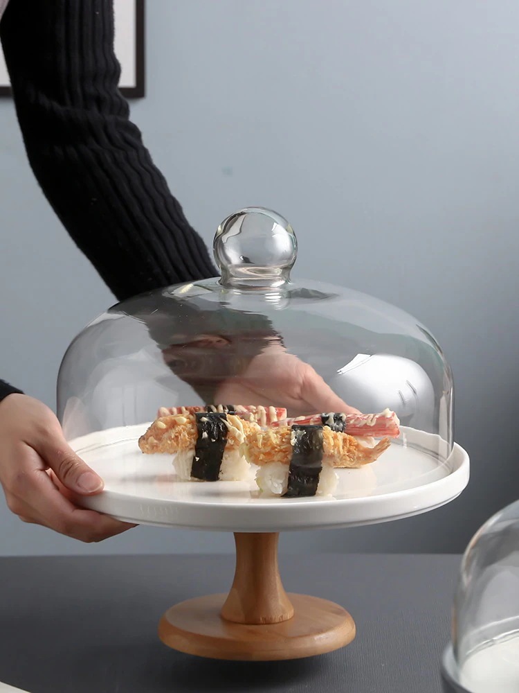 セラミック木製ベースハイレッグ回転ケーキプレートガラスカバーケーキトレイヨーロピアンフルーツプレートカバー卵付き安い