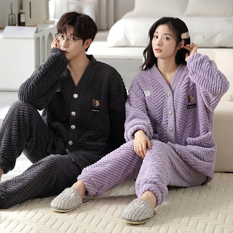パジャマカップルペアルックルームウェアフラノフランネル冬ペアパジャマ長袖モコモコパジャマペアルックお揃いレディースメンズネグリジェレディース