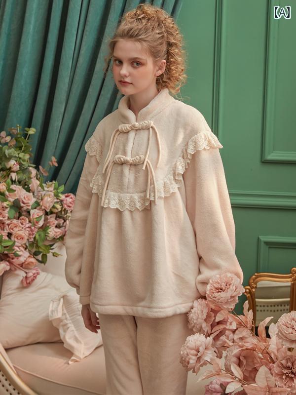 パジャマ レディース 宮殿風 秋冬 長袖厚手フリル 上下セット 暖か ルーム ナイト ホームウェア ゆるふわ