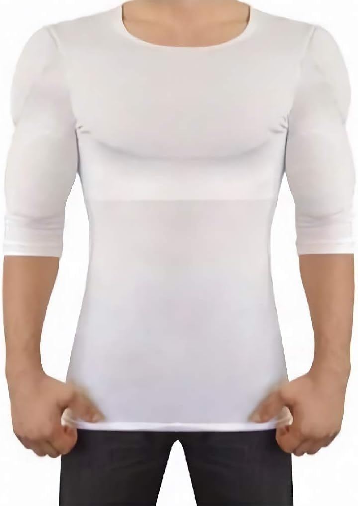 着るだけで筋肉 マッチョtシャツ パッド付き 縫い目ゼロ 五分袖 (ホワイト, S)