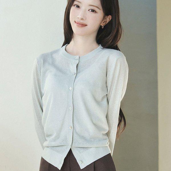 女性用夏のリネンブレンドクルーネックカーディガン 652535