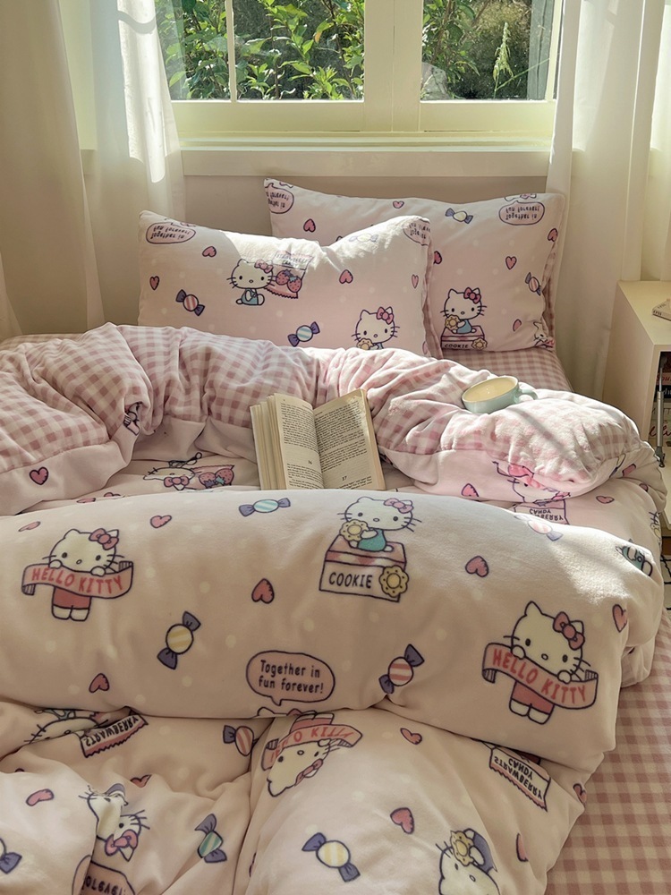 ハローキティかわいい女の子増粘ミルクベルベットシーツ 4 点セット冬暖かい両面ベルベット布団カバーシーツ
