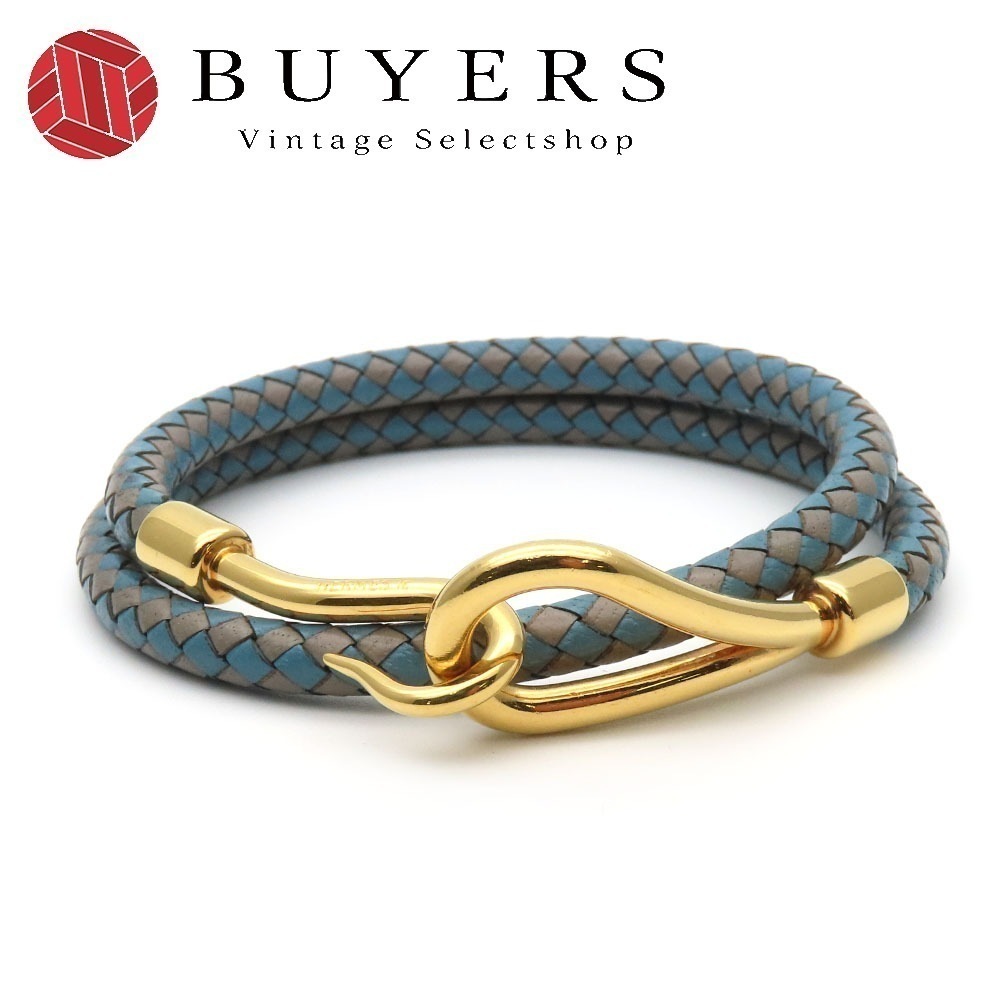 中古 ブレスレット ジャンボブレス メタル レザー ブルー グレー ゴールド金具 ２連 アクセサリー 編み込み レディース メンズ