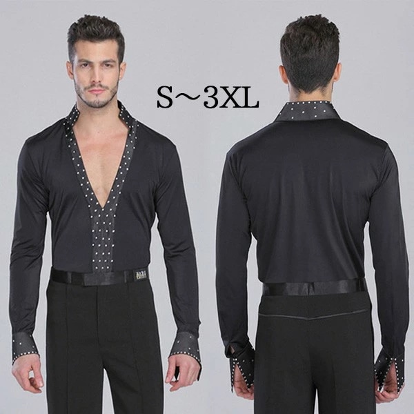 ラテン チャチャチャ ワルツ ルンバ カウボーイ ダンスシャツ 練習着 競技着 メンズ トップス 社交ダンス コンクール 上着 深いVネック レース 長袖 セクシー ストレッチ ダンスウェア ステージ 5,126円