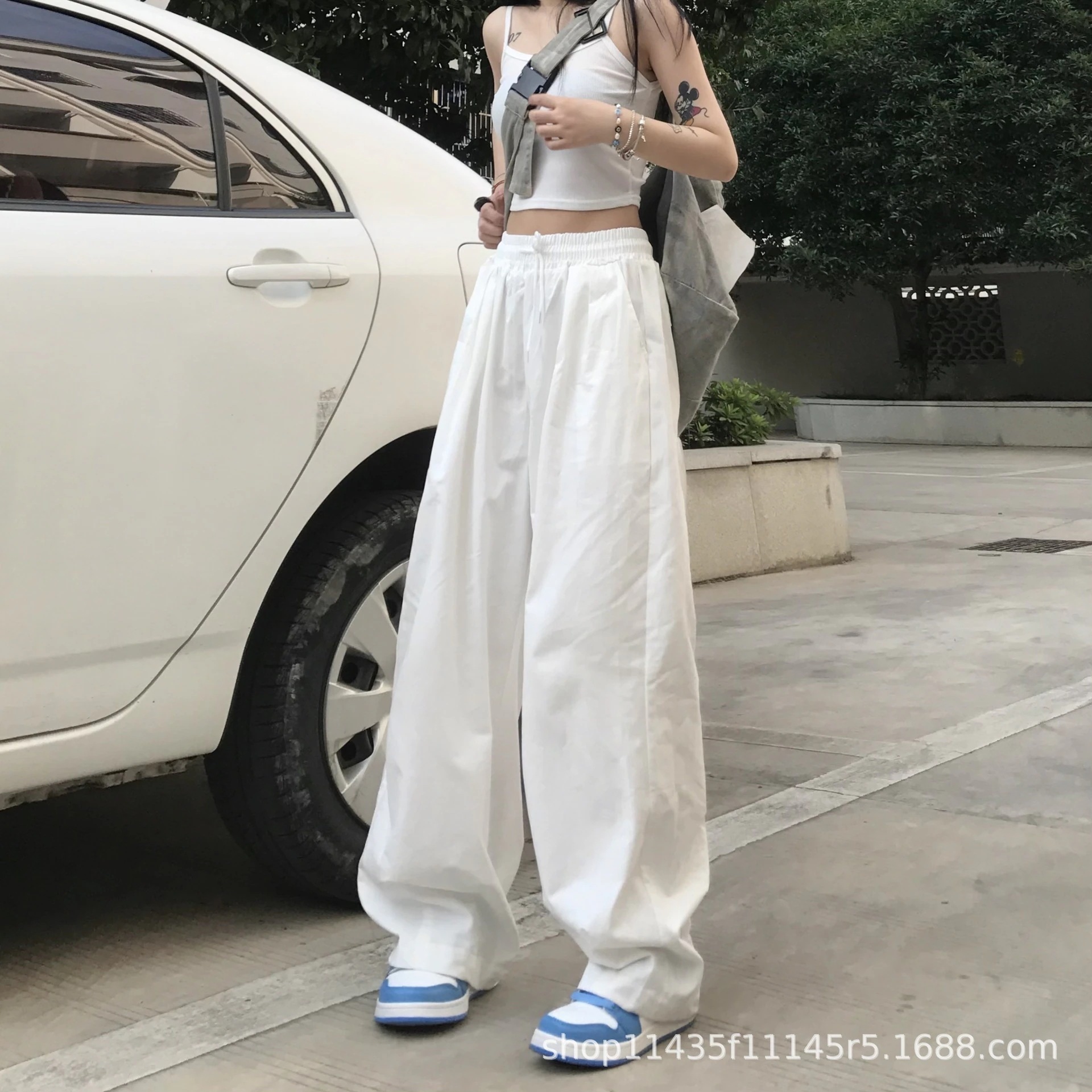 純綿オーバーオールカジュアルモップパンツレディース春秋ストレートワイドレッグパンツルーズスポーツオールマッチハイウエストBFパンツ