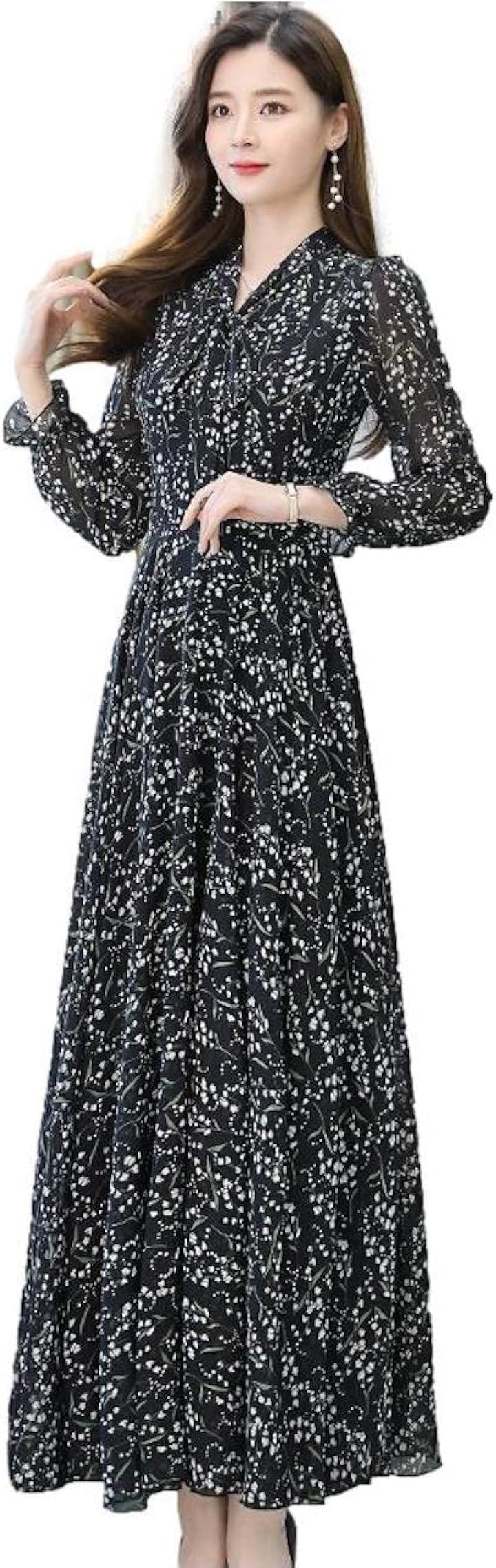 ロングシフォンワンピース レディース 小花柄 長袖 パフスリーブ ボウタイリボン ハイウエスト Ａライン フレア 上品 体形カバー スタイリッシュ 細見え(ブラック, 4XL)