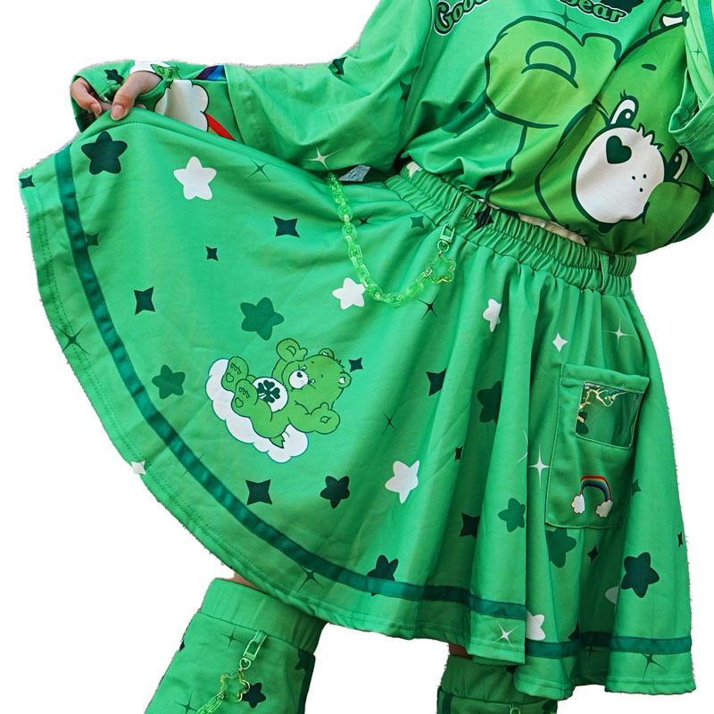 ケアベア スカート グリーン ミニ丈 原宿 原宿系 ファッション ケアベア コラボ デコラ ポップ 推し活 推し色 jr-cbsk-05