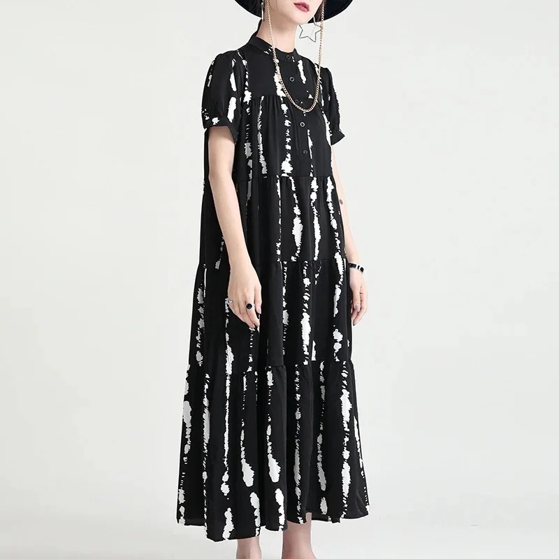 2024人気新作夏服レディース韓国ファッションプリントワンピースロング着痩せ肉を隠す効果洋風大振り