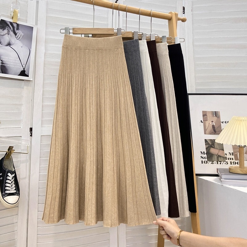 レディース スカート ボトムス プリーツ ミモレ丈 ポケット 伸縮性 大人可愛い きれいめ シンプル 上品 お洒落 かっこいい レトロ ハイウエスト ウエストゴム 20代 オルチャン 無地 秋 冬