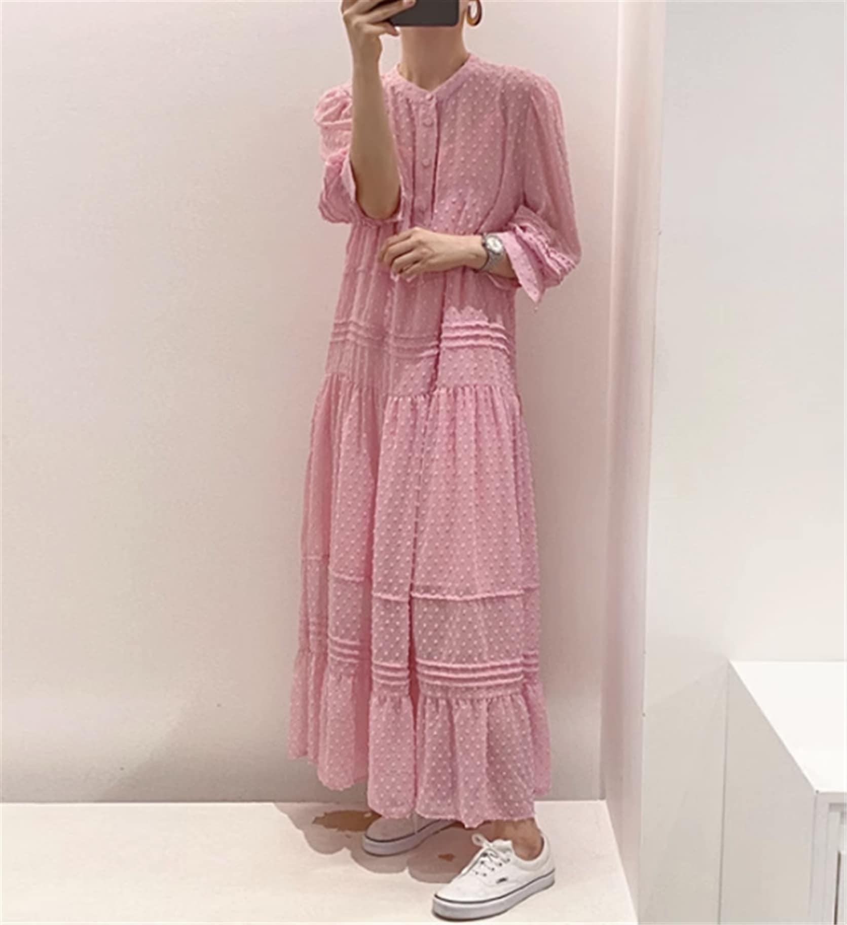 ワンピース プルオーバー フレアワンピース Aライン ミモレ丈 袖あり 長袖 ラウンドネック ボタン ティアード ドット 大人可愛い きれいめ カジュアル 大人女子 ラフ 夏 10代 20代 30代