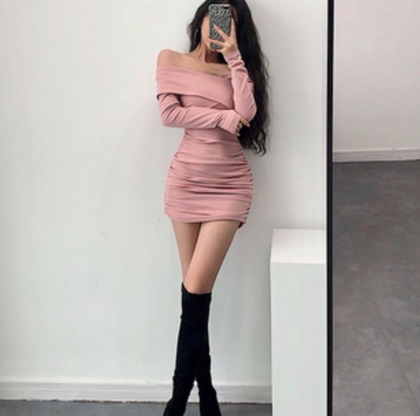 ワンピース ドレス レディース ショート 長袖 オフショルダー ドロスト かわいい 大人可愛い きれいめ シンプル セクシー 大人 上品 おしゃれ 無地 春 秋 イベント デート ピンク ブラック