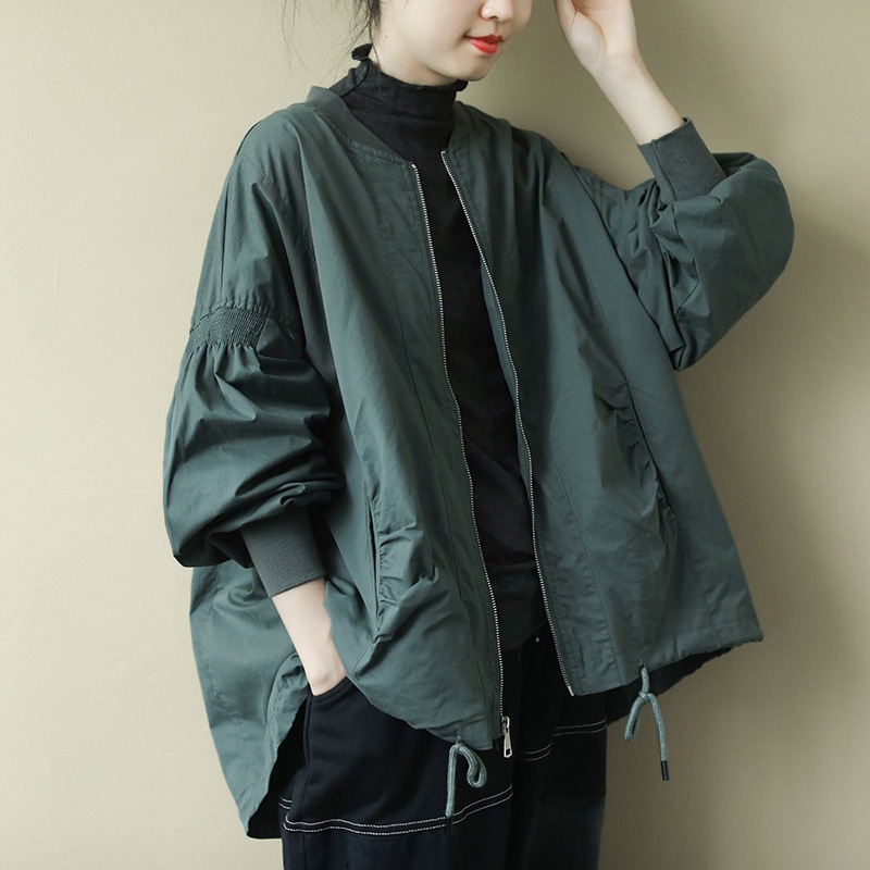 ジップアップブルゾン アウター ブルゾン スタジャン ミディアム丈 長袖 ラウンドネック ワイド