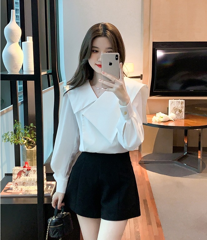 TK0005 シャツ ブラウス ビッグカラー セーラーカラー Vネック 変形襟 サイドボタン 無地 ふんわり袖 シンプル エレガント 5,206円