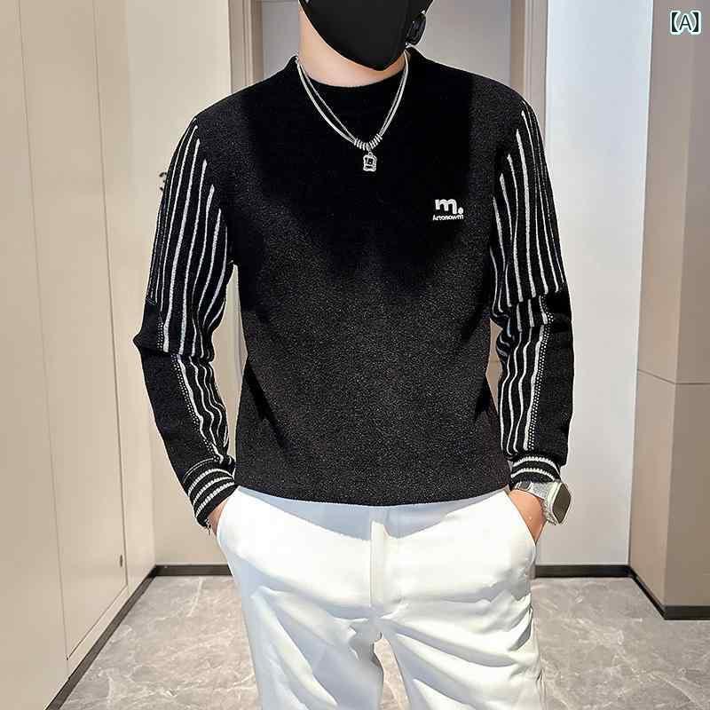 トップス シャツ メンズ ストライプセーター 冬 ハイエンド インナー 服 韓国 スリム 刺繍 スプライシング ニット レイヤリング 6,036円