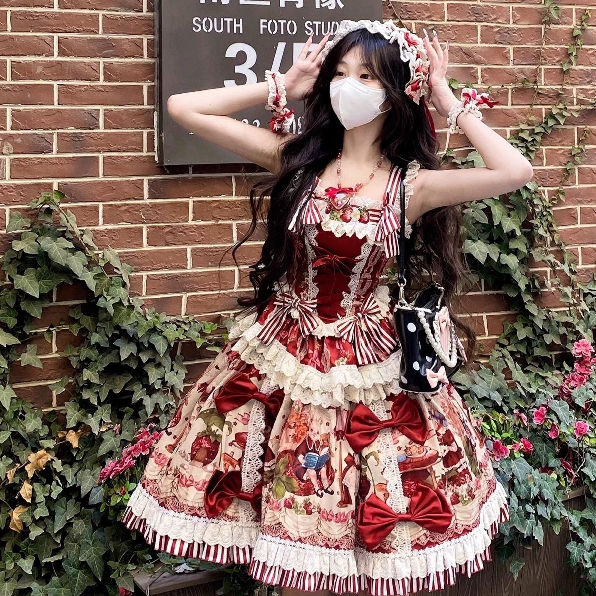 ストロベリーガーデンロリータ花柄刺繍入りスイートロリータドレス秋