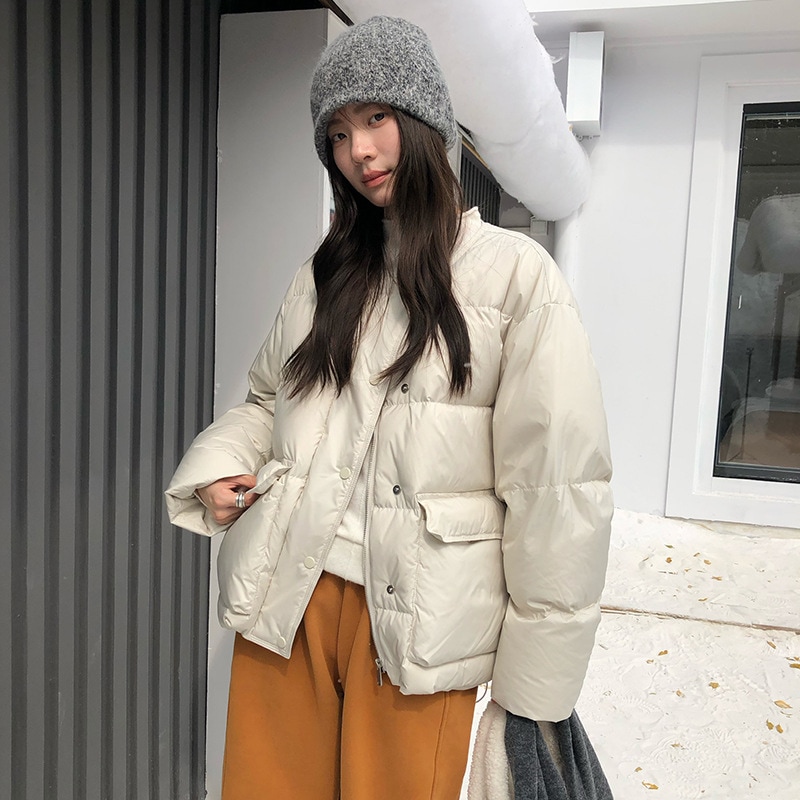 大きなポケット付きの韓国風無地ダウンジャケットレディース冬用ホワイトダックダウンコート