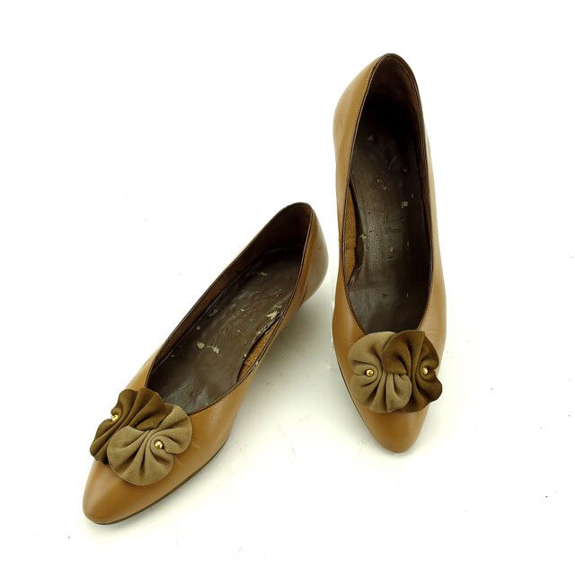 パンプス シューズ 靴 コサージュ 36 ベージュ ブラウン ゴールド 中古