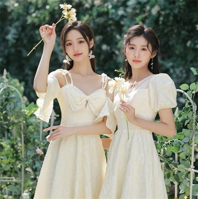 予約　4デザイン シャンパン ブライズメイドドレス　パーティードレス　ワンピース二次会演出司会結婚式お呼ばれ ミディアム丈ミモレ丈　ブライズメイド　ドレス　二次会ドレス　フォーマルドレス