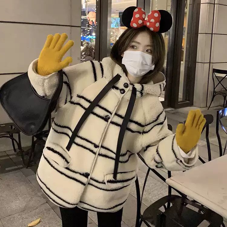 ストライプ ボアコート フード付き ミディアム丈 2色 レディース アウター かわいい カジュアル こなれ感 秋 冬 通勤 通学 デート お出かけ 休日 暖かい 普段使い S M L XL ホワイト