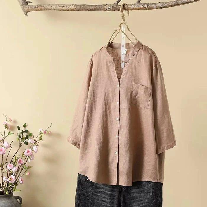 シャツ ブラウス レディース リネン 7分袖 春 夏 秋 Vネック トップス シャツ スタンドカラー ナチュラル リネン フェミニン 着回し シンプル おしゃれ 大人 カ
