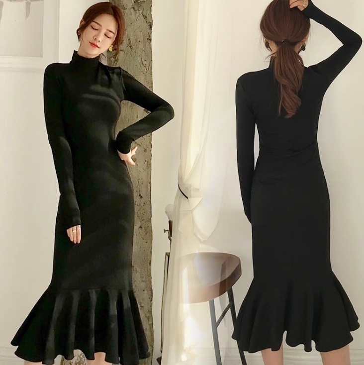 レディース ワンピース ロング 長袖 ハイネック タイト スリム マーメイド スマート フェミニン フリル かわいい 大人可愛い きれいめ シンプル 上品 おしゃれ かっこいい こなれ感 ガーリー