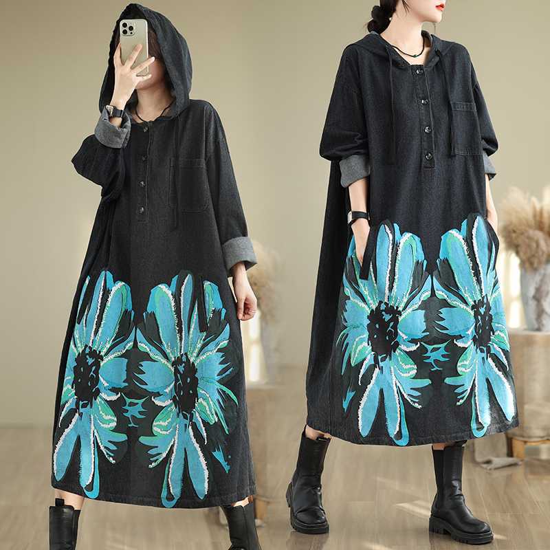 「ファットガール」 2024秋新品 デニムロングコート 花柄 フード付き 大きいサイズ 体型カバー レディース アウター パーカー メガ割30%までに制限