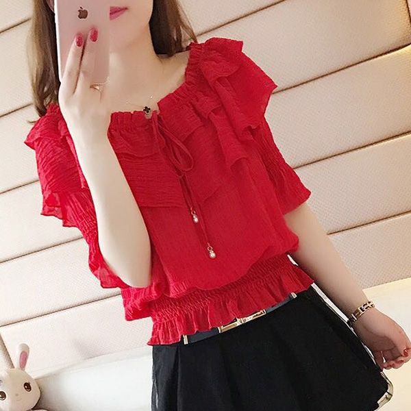 トップス シャツ ブラウス ラウンドネック プルオーバー 半袖 ショート丈 ウエストゴム フリル かわいい 大人可愛い きれいめ シンプル 上品 おしゃれ かっこいい カジュアル こなれ感 個性的
