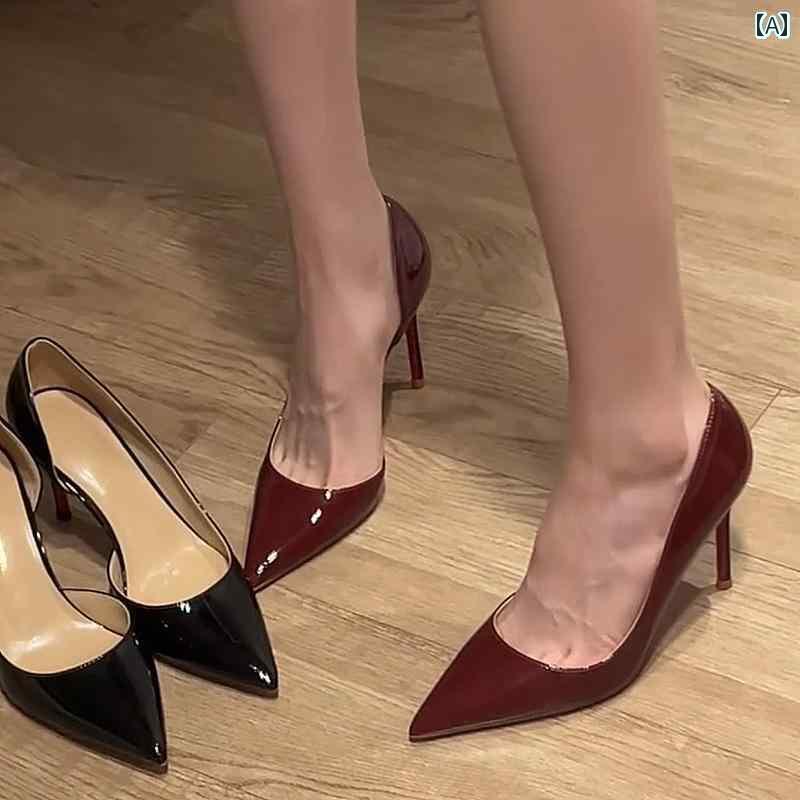 レディース　ヒール　シューズ尖った 浅い 口の パテントレザー サイド 空の 赤い 底の スティレット シングル シューズ レディース 秋 魅惑的 ベッド ハイヒールの ウェディングシューズ