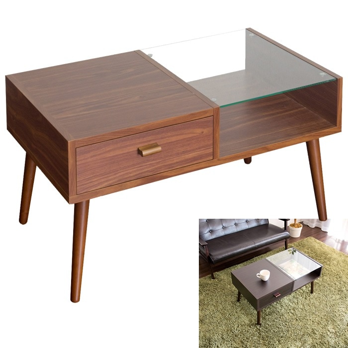 ローテーブル センターテーブル ガラス天板 木製天板 CT-845-LBR ライトブラウン