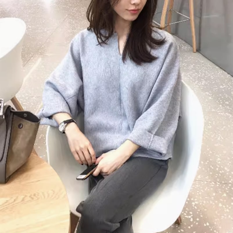 2点セット レディース トップス パンツ ボトムス プルオーバー セットアップ ストレートパンツ ロングパンツ ツーピーストップス 長袖 Vネック 襟なし ストレート ハイウエスト 伸縮性 かわいい