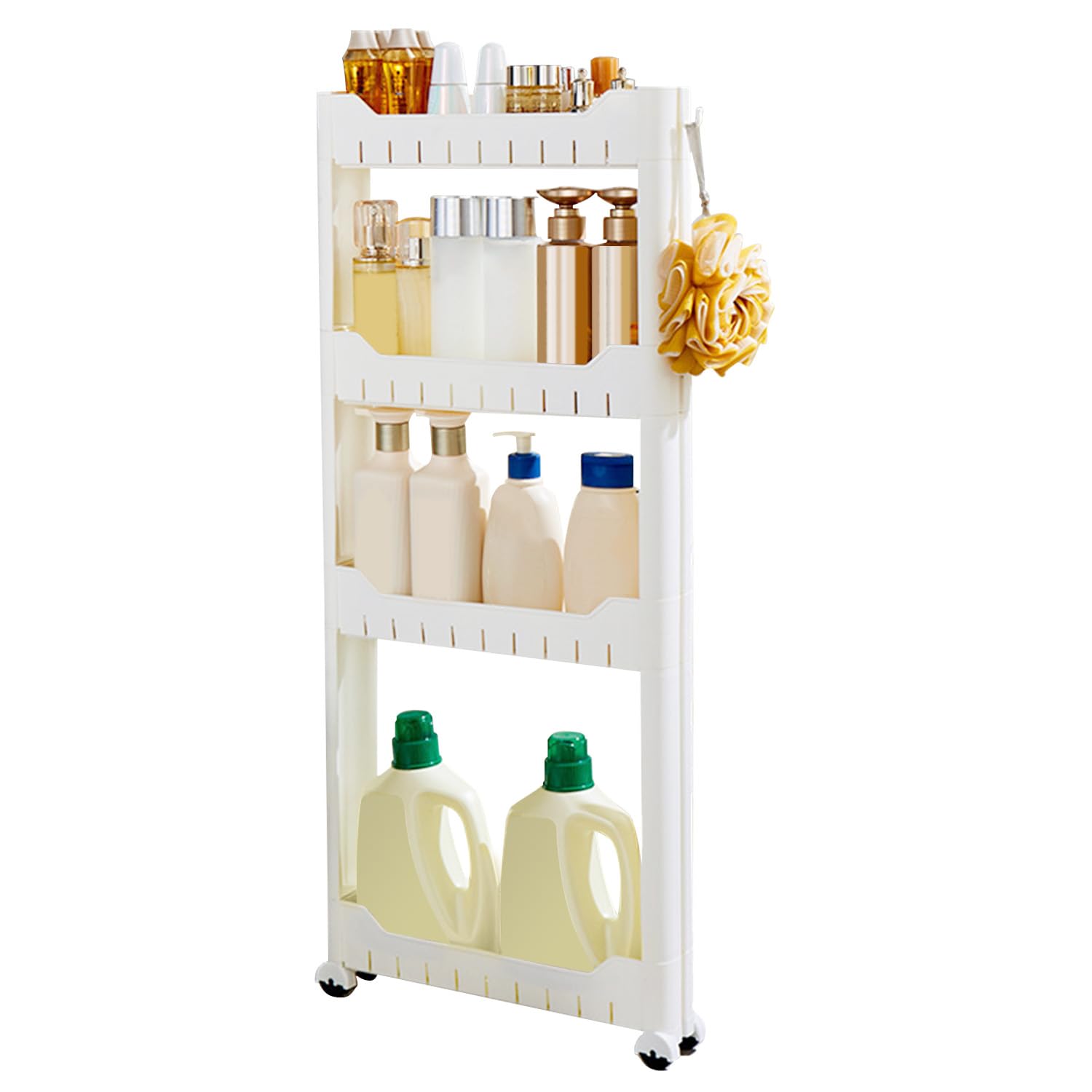 隙間ストッカー 隙間収納ワゴン 7cm超薄設計 4段調節可能 スリム棚 ボトルラック 360静音キャスター付き 大容量収納 バスルーム/冷蔵庫横/洗面所対応よこ収納 スリムラック 頑丈軽量 組立簡単