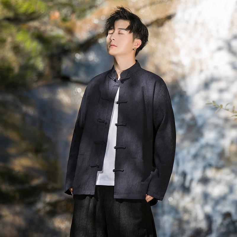 シャツ メンズ カジュアル レトロ 中国風 春秋 長袖 トップス コットン リネン チュニック ローブ ジャケット グレー ネイビー