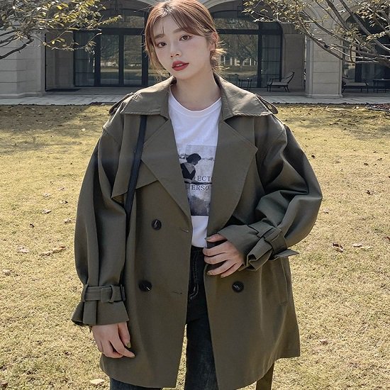 【取寄：納期2週間】トレンチコート レディース ショート丈 ウエストベルト トレンチコート レディース ゆったり 体型カバー 大きいサイズ トレンチコート レディース 秋 おしゃれ かわいい トレンチ