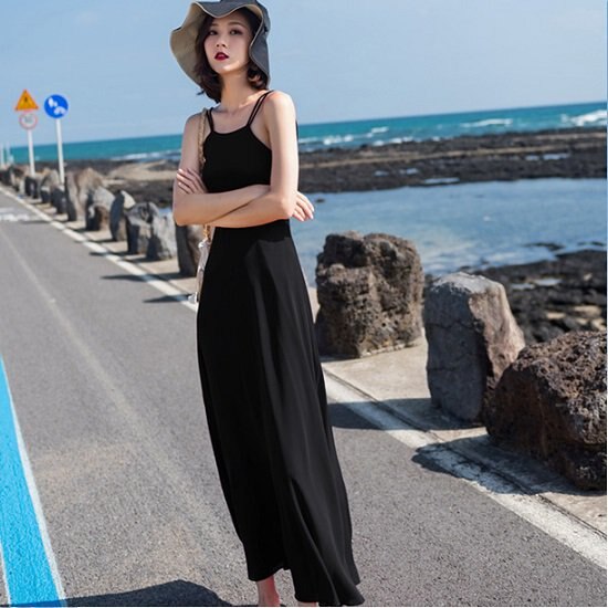 【取寄：納期2週間】シフォンワンピース ロング リゾート ビーチ Aライン ロングワンピース ストラップ 綺麗め