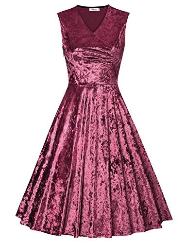 [sb]Lyking Womens 1950s Vintage Sleeveless Cross V Neck Pleated Velvet Cocktail Swing Dress(M，Burgun