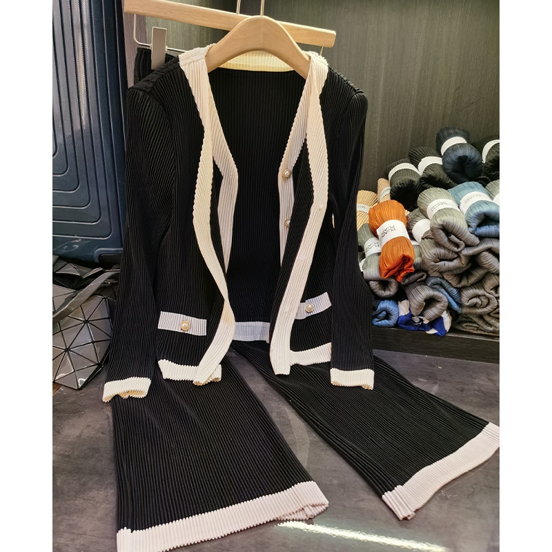 ファッションスーツ気質vネックのフリルカーディガン上着のワイドパンツ2点セット